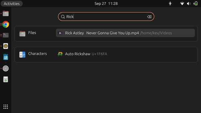 Searching for 'Rick' in a Linux distro, with the operating system returning a result for a music file for Rick Astley's 'Never Gonna Give You Up'