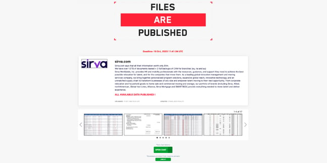 LockBit website showing Sirva as a victim, along with a description of the data it allegedly stole