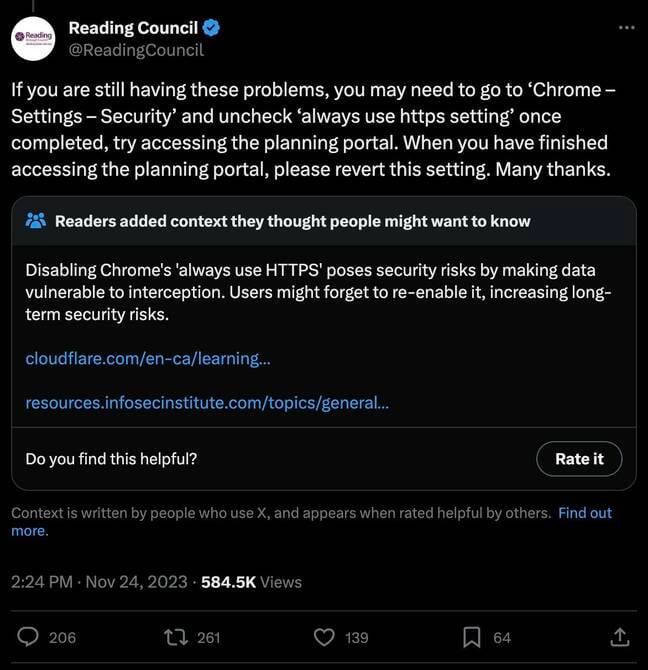 Reading Borough Council's X post that instructed users to disable HTTPS